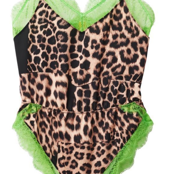 H&M Studio Collection Animal Leopard-print Satin Lace-trim Bodysuit‎ Lingerie L - Picture 2 of 5